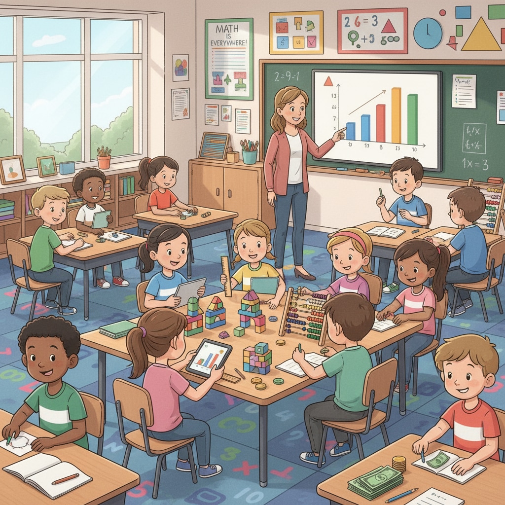 A classroom scene with students actively participating in math activities, showing the importance of math education in a regular classroom setting. Classroom scene related to teacher shortage, student tracking, and math education