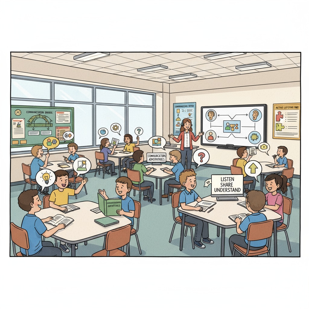 A group of students in a K12 classroom are actively engaged in an interactive activity. They are sitting in groups, discussing and sharing ideas, which is related to improving communication skills. Students in K12 classroom enhancing communication skills for future pilot career