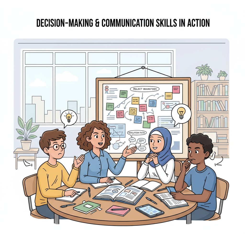 Students are participating in a group project discussion. They are gathered around a table, looking at some materials, and expressing their opinions, which reflects the process of cultivating decision-making and communication skills. Students participating in group project discussion to develop decision-making and communication skills for pilot career