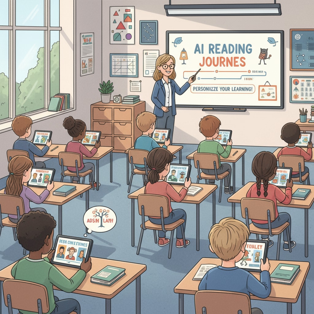 Students are using tablets to access AI-generated reading materials, showing a modern approach to reading education. Students using AI-generated reading materials for educational purposes