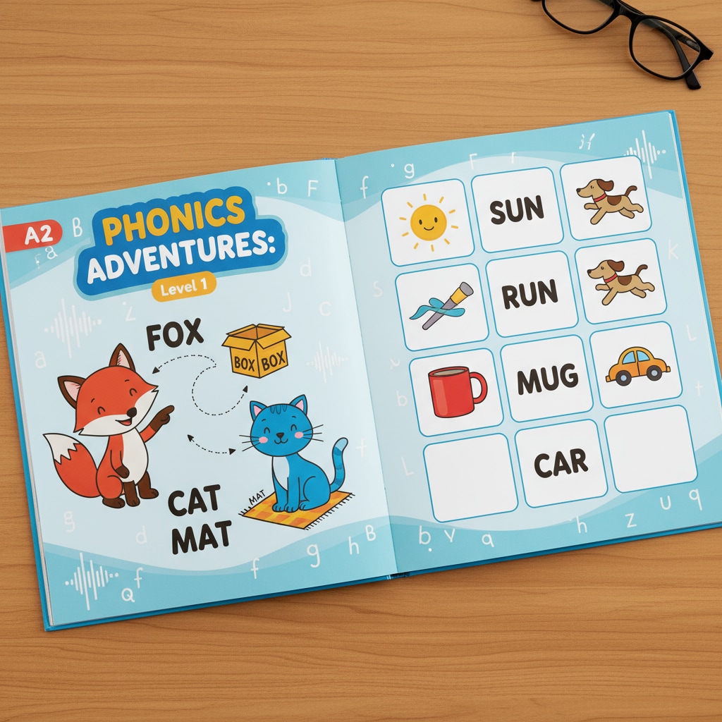A book with colorful illustrations that represent decodable reading materials, highlighting the visual aspect of learning. Decodable reading materials with engaging illustrations for educational application
