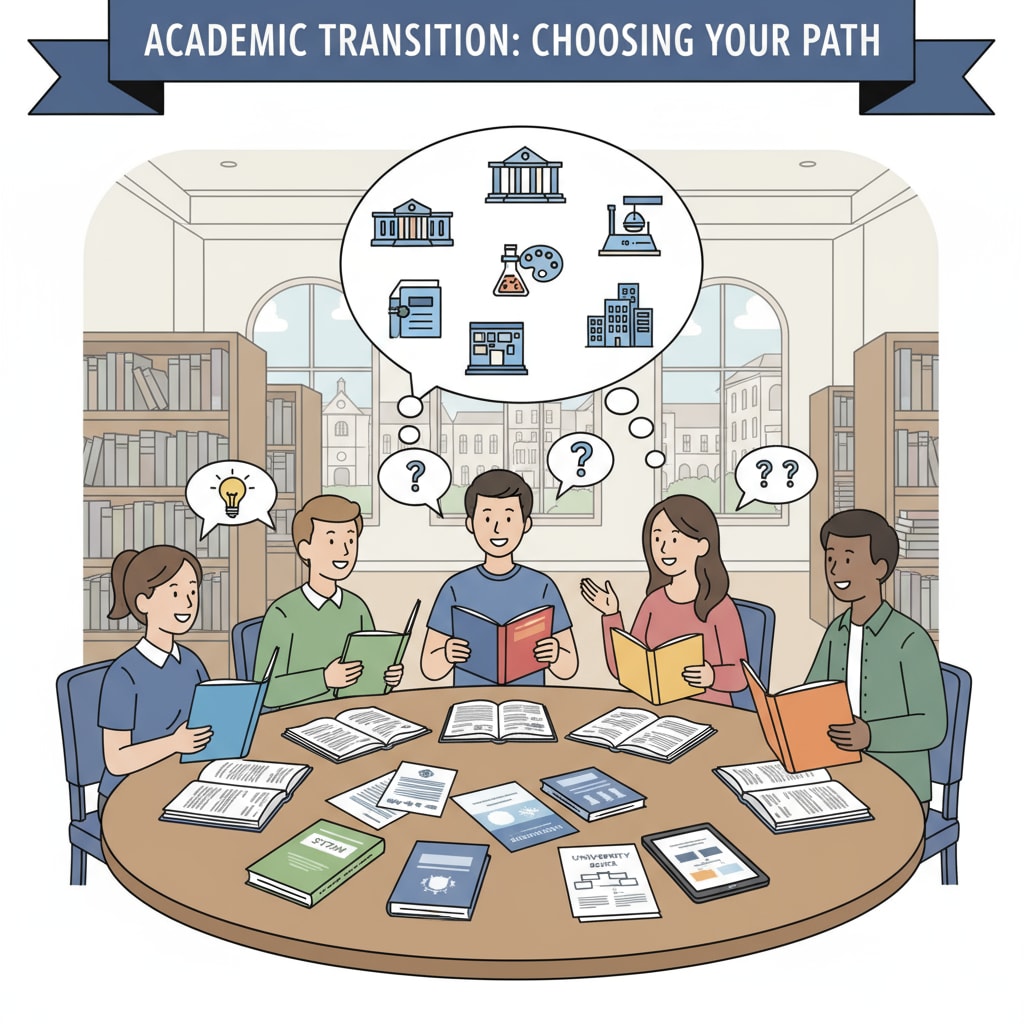 A group of students are sitting around a table, discussing their options for academic transition, with books and papers related to different majors scattered on the table. Software engineering students discussing major transition and degree options