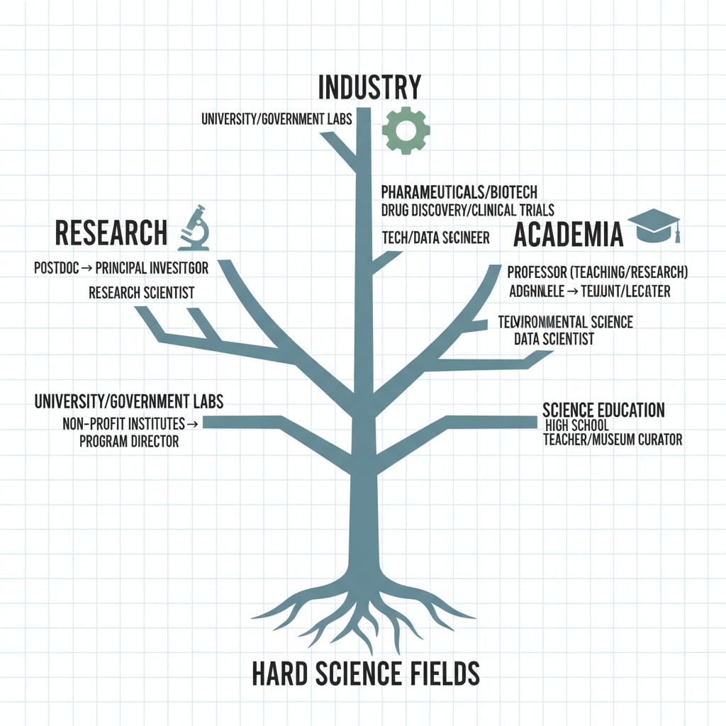 The image shows a branching diagram of various career paths in hard science fields, including research, industry, and academia. Career paths in hard science fields for students considering a transition from software engineering