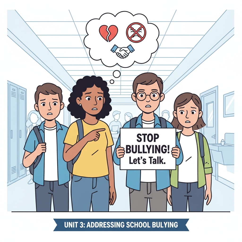 A group of students standing together in a school corridor, looking concerned, as they are about to address school bullying issues. Students showing concern about school bullying, related to school safety and parental intervention