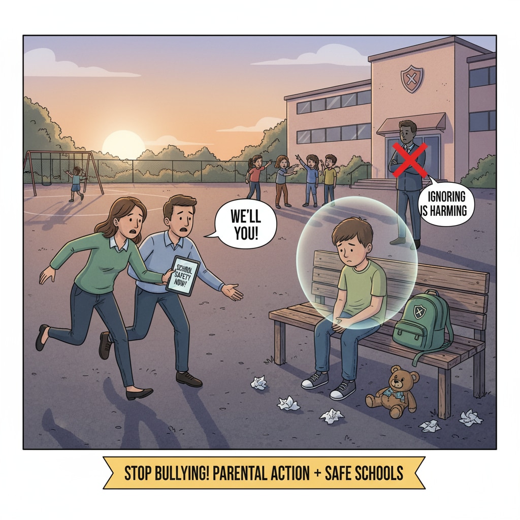 A sad child sitting alone in a schoolyard, showing the negative impact of school bullying due to principal inaction, highlighting the need for parental intervention and school safety improvement. A child affected by school bullying because of principal inaction, relevant to school bullying, safety, and parental intervention