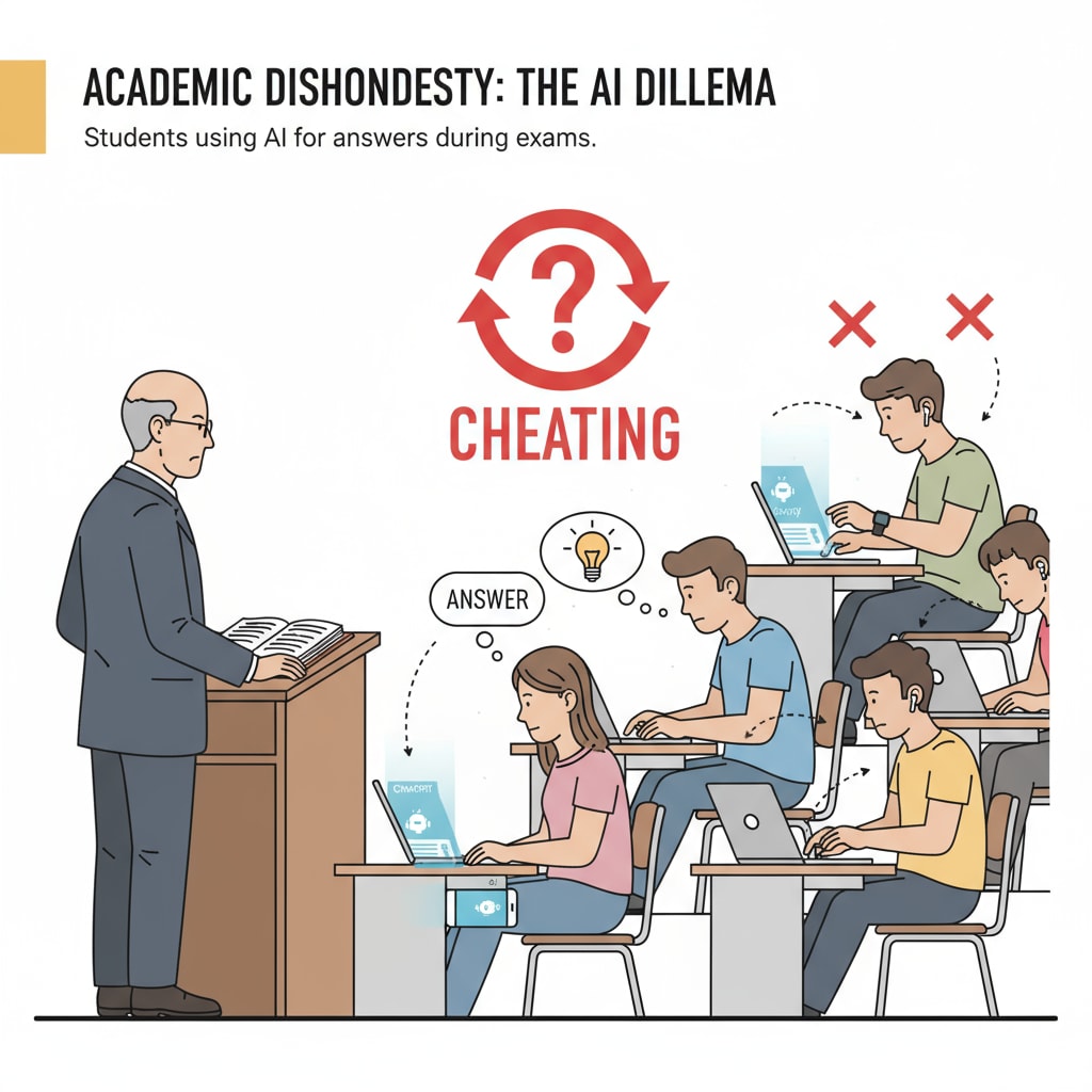 A scene where students are secretly using ChatGPT on their devices during an exam, highlighting the cheating issue. Students using ChatGPT to cheat in an educational setting