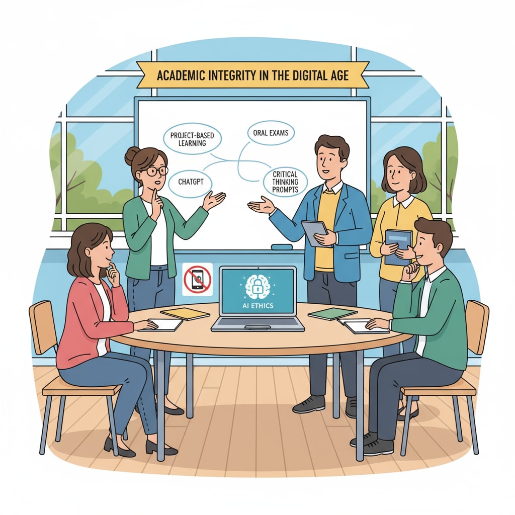 Educators gathered in a classroom, discussing ways to prevent students from using ChatGPT for cheating. Educators discussing prevention of ChatGPT cheating in education