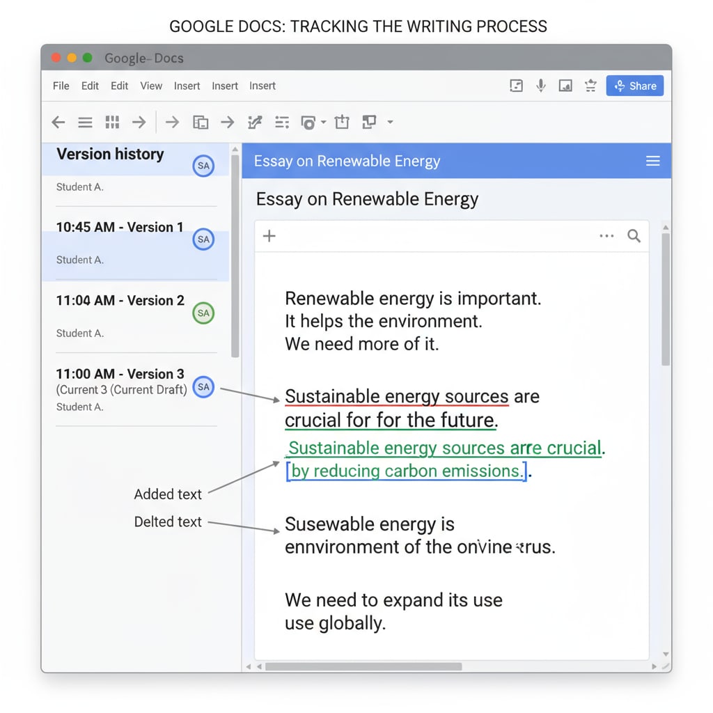 The interface of Google Docs shows different versions of a student's writing, with timestamps and edits visible, which helps educators track the writing process for plagiarism detection and assessment. Google Docs interface for plagiarism detection and student assessment
