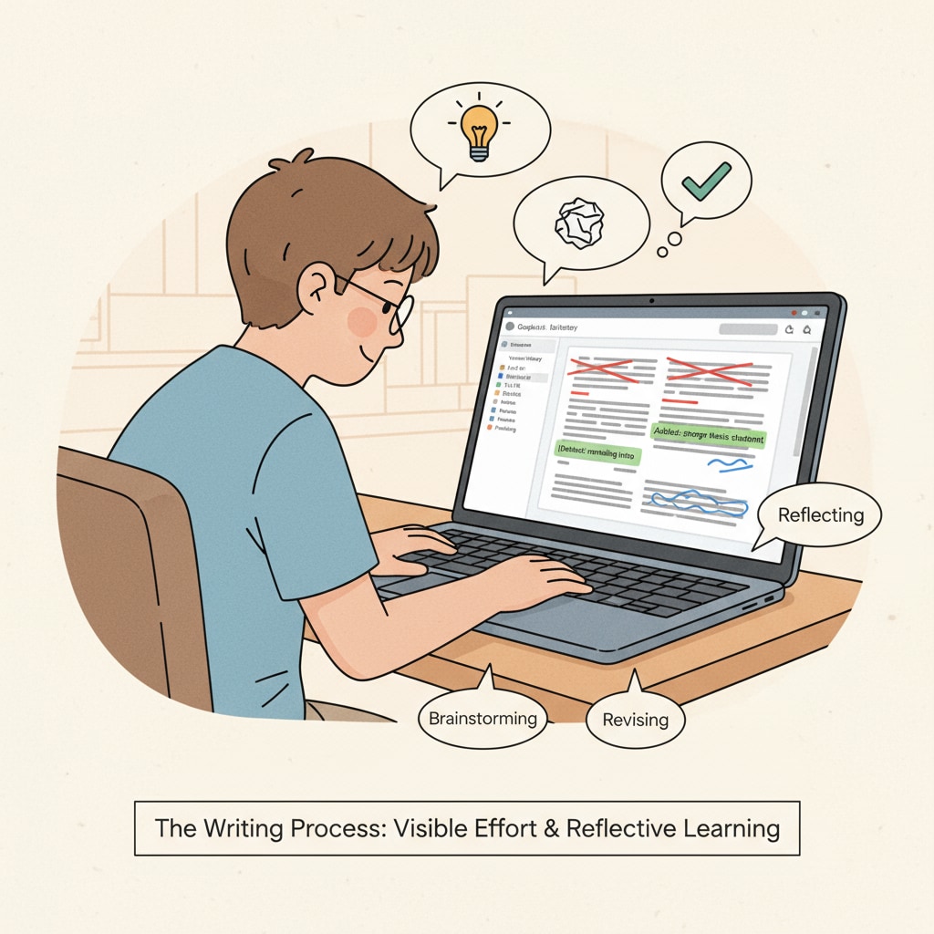 A student is shown working intently on a Google Docs document. The screen displays various stages of the document's creation, such as drafts, deletions, and additions, highlighting the student's effort in the writing process, which is relevant to teaching reflection and fair assessment. Student working on Google Docs for fair assessment and teaching reflection