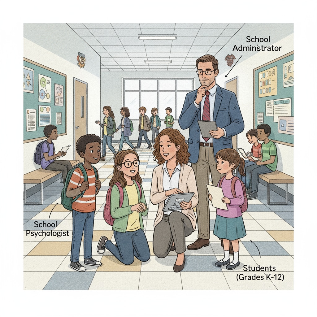 A group of students are seen interacting with a school psychologist and an administrator in a school hallway, showing the different roles in the education environment. Interaction between students, school psychologist, and administrator related to career choices in education