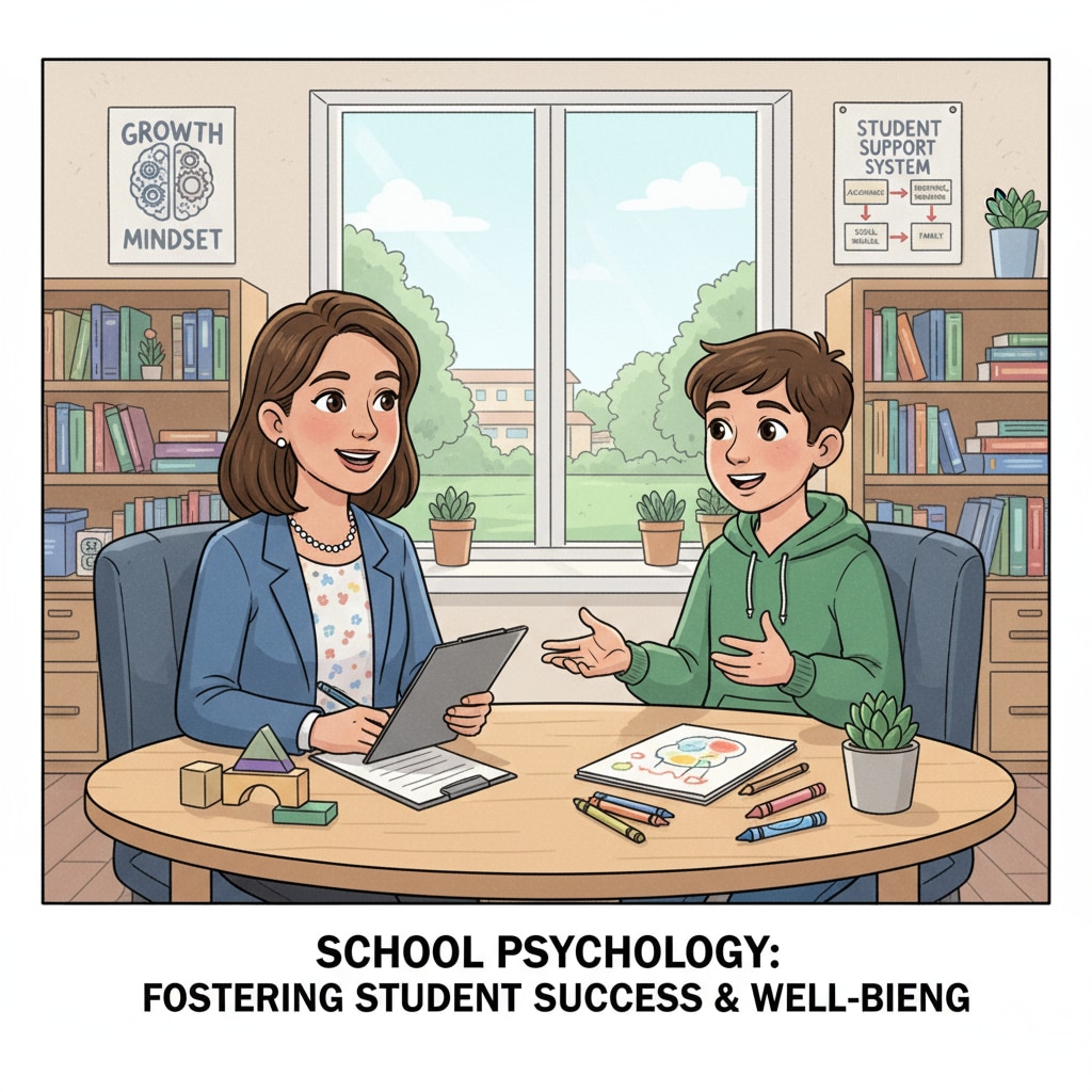 A school psychologist is conducting a one-on-one session with a student, highlighting the role of school psychology in student support. School psychologist providing one-on-one support related to career choice in school psychology