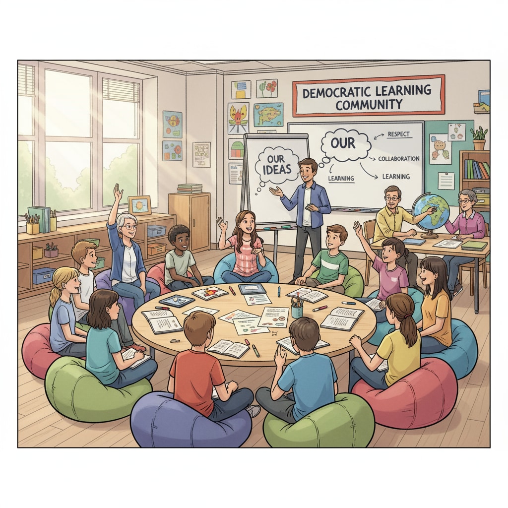 A group of students and teachers are having an open discussion in a classroom, showing the collaborative and democratic nature of non - traditional schools. Democratic school classroom discussion with non - traditional leadership elements