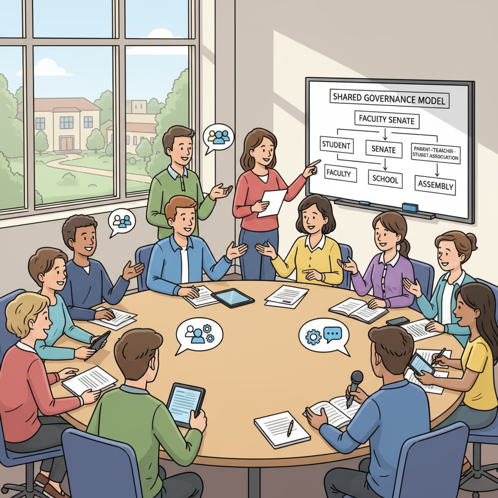 Students and teachers are sitting around a table in a meeting room, actively participating in a discussion, highlighting the shared governance in democratic schools. Democratic school meeting with non - traditional leadership and student - teacher participation