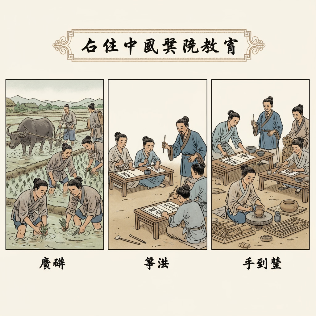 Ancient Chinese students are depicted participating in various practical learning activities, like farming, calligraphy, or traditional handicrafts, reflecting the practical approach in ancient education. Ancient Chinese students in practical learning