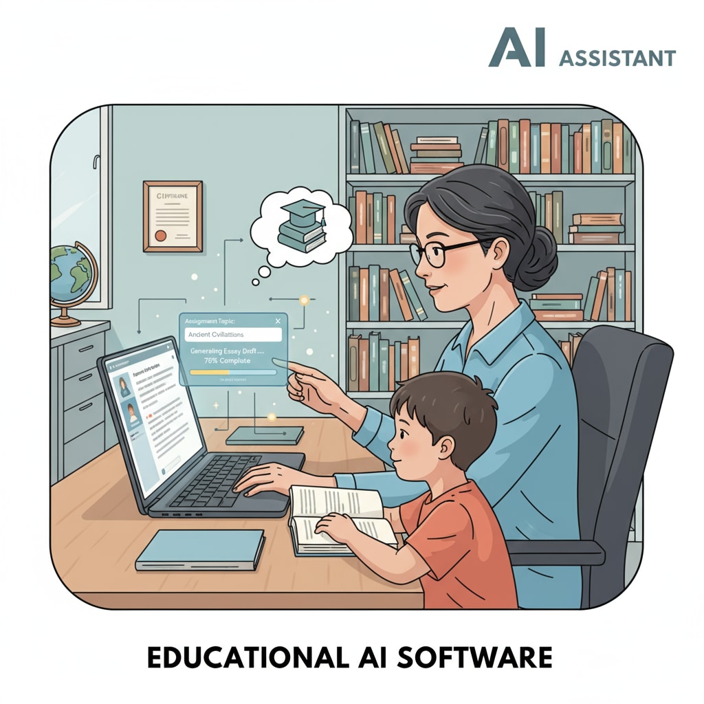 A parent is sitting in front of a laptop, using AI software to write an assignment for their child. A parent using AI to cheat on a child's homework, highlighting the issue of AI cheating, parental intervention, and academic integrity.