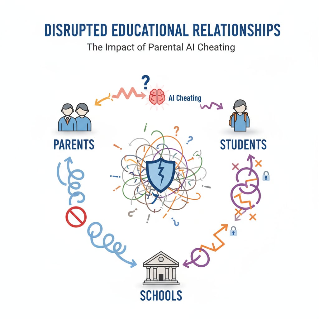 A diagram shows the confused arrows between parents, students, and schools, symbolizing the disrupted relationship caused by parental AI cheating. The blurred relationship between parents, students, and schools due to AI cheating, related to AI cheating, parental intervention, and academic integrity.