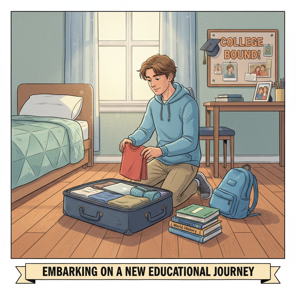 A young student packing his bags, getting ready to leave home for college, representing the start of a new chapter in the educational journey. A student packing for college, symbolizing the transition from home education in high school to college.