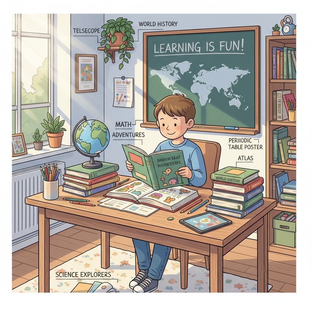 A child sitting at a desk at home, surrounded by books and educational materials, highlighting the home education environment. A child studying at home, depicting the home education setting during high school.