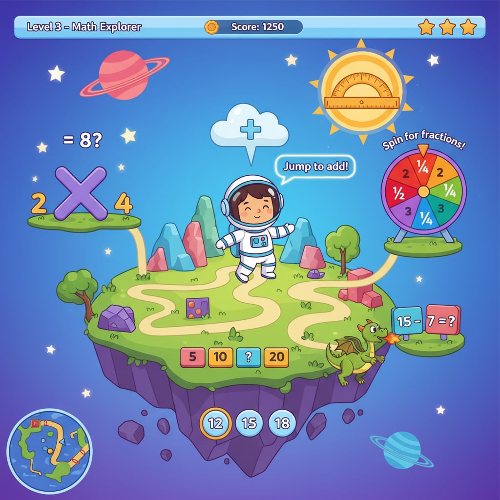 A screenshot of the game shows a colorful and interactive world where players can see various math problems integrated into the environment. Math Adventurer game screenshot with procedurally generated world and math problems