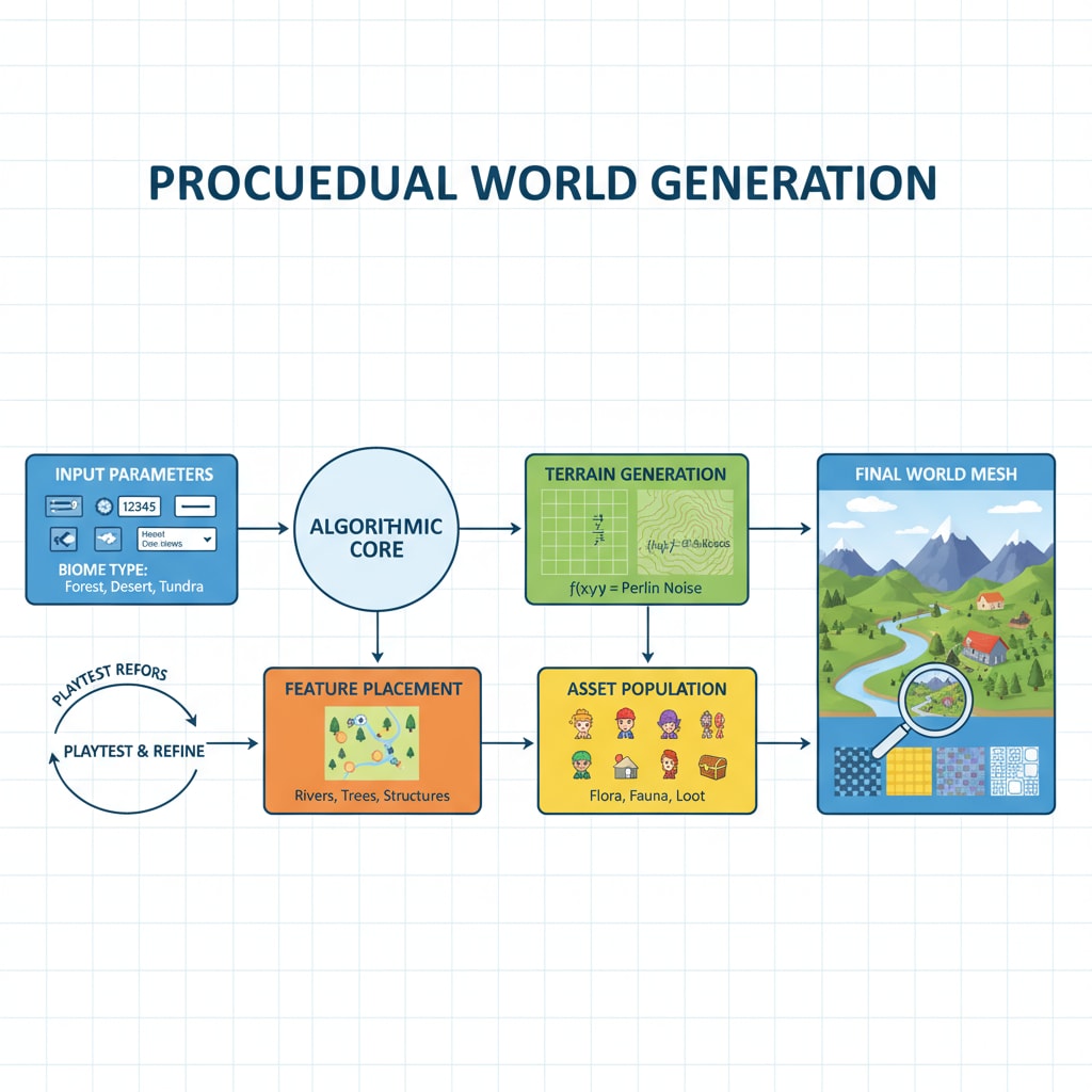 This image depicts a diagram showing the step - by - step process of how the game generates a new world using algorithms. Algorithmic process of generating a procedurally generated world in the Math Adventurer game