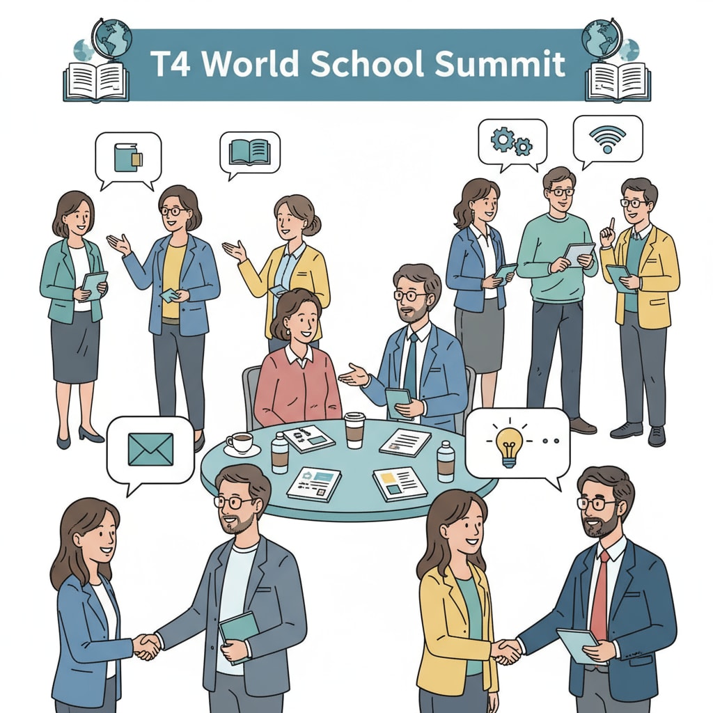 A group of educators are engaged in conversations, networking with each other at the T4 World School Summit, exchanging ideas and information. Educators networking at the T4 World School Summit related to education nonprofits and donor relations
