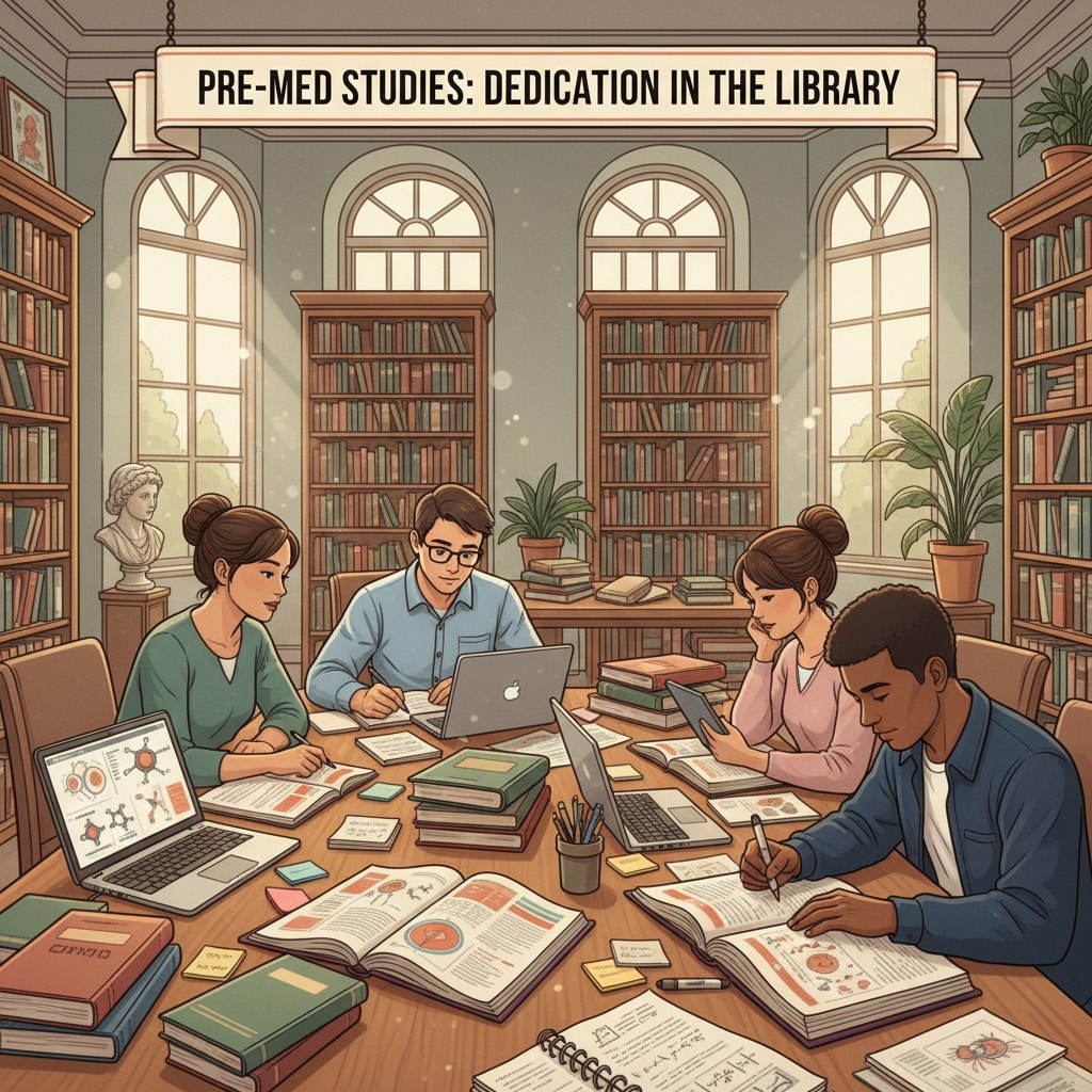 A group of pre-med students are sitting at tables in a library, surrounded by books and notes, concentrating on their studies. Pre-med students studying in a library to prepare for medical school entrance exams and improve learning efficiency while addressing knowledge gaps
