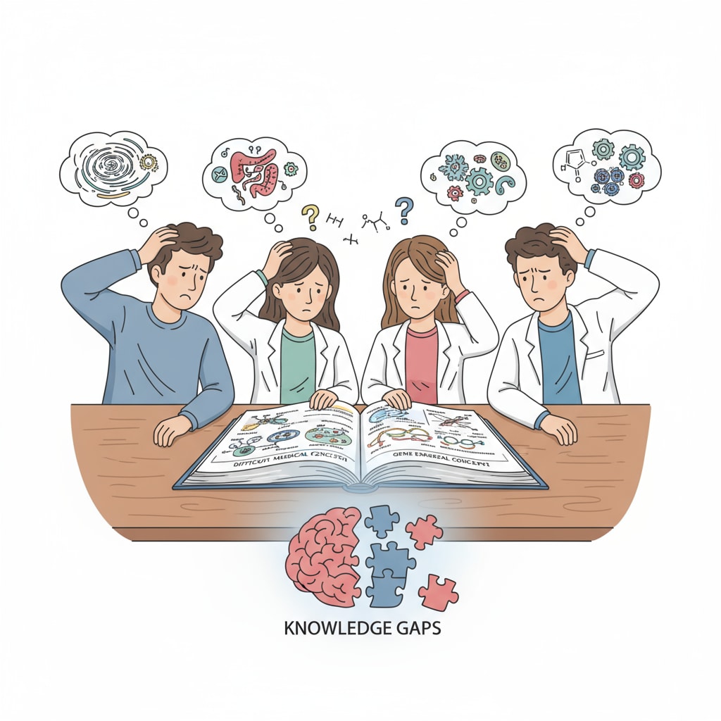 Students are gathered around a table, looking confused and scratching their heads as they try to understand difficult medical concepts, highlighting their knowledge gaps. Students struggling with knowledge gaps while studying for medical school entrance exams, aiming to boost learning efficiency