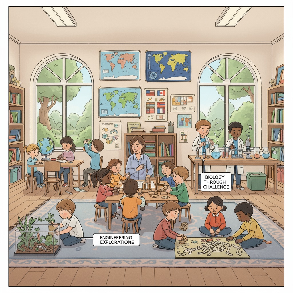 A group of children of different ages engaged in hands-on learning activities in a non-traditional classroom setting Children exploring alternative education through hands-on activities