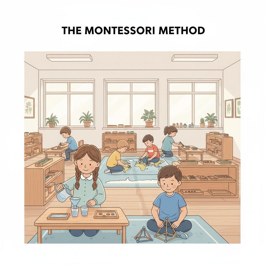 A Montessori classroom with children working independently with educational materials Children in a Montessori classroom, an example of alternative education