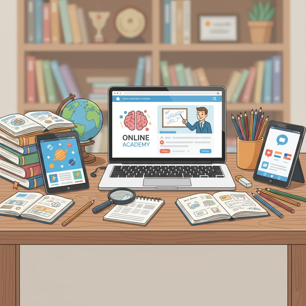 A study table with various educational resources like books, tablets showing educational apps, and a computer screen displaying an online learning platform. Academic resources for family education and daily learning arrangements