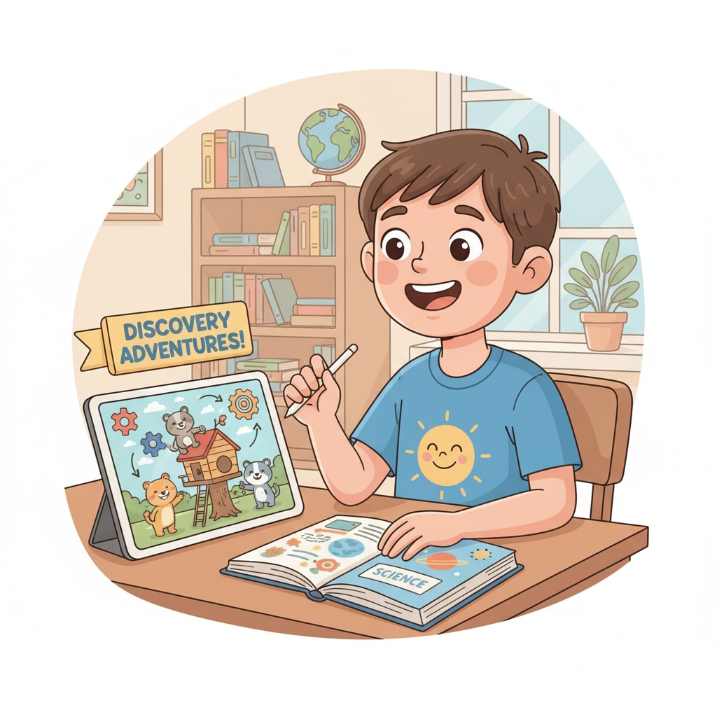 A child engaged in watching an educational video on a screen, with a positive expression indicating an enjoyable learning experience. Educational video as an academic resource in family education daily activities
