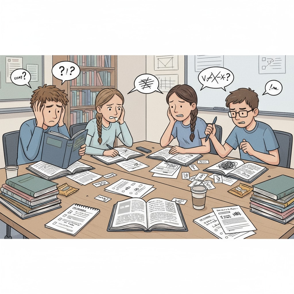 A group of ninth-grade students looking stressed while doing English homework. The students are sitting at their desks, surrounded by English textbooks and papers, with worried expressions on their faces. Ninth-grade students under pressure due to increased English homework