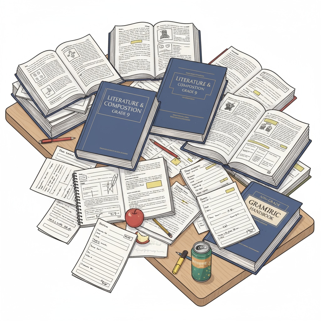 A desk filled with ninth-grade English textbooks and piles of homework. The textbooks are open, and there are notebooks and worksheets scattered around, indicating a heavy workload. Heavy English homework load for ninth-grade students