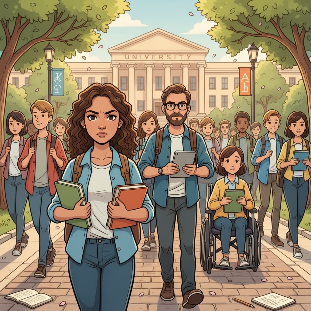 Diverse-aged students on a university campus, dealing with age anxiety and time loss as they start their university journey.
