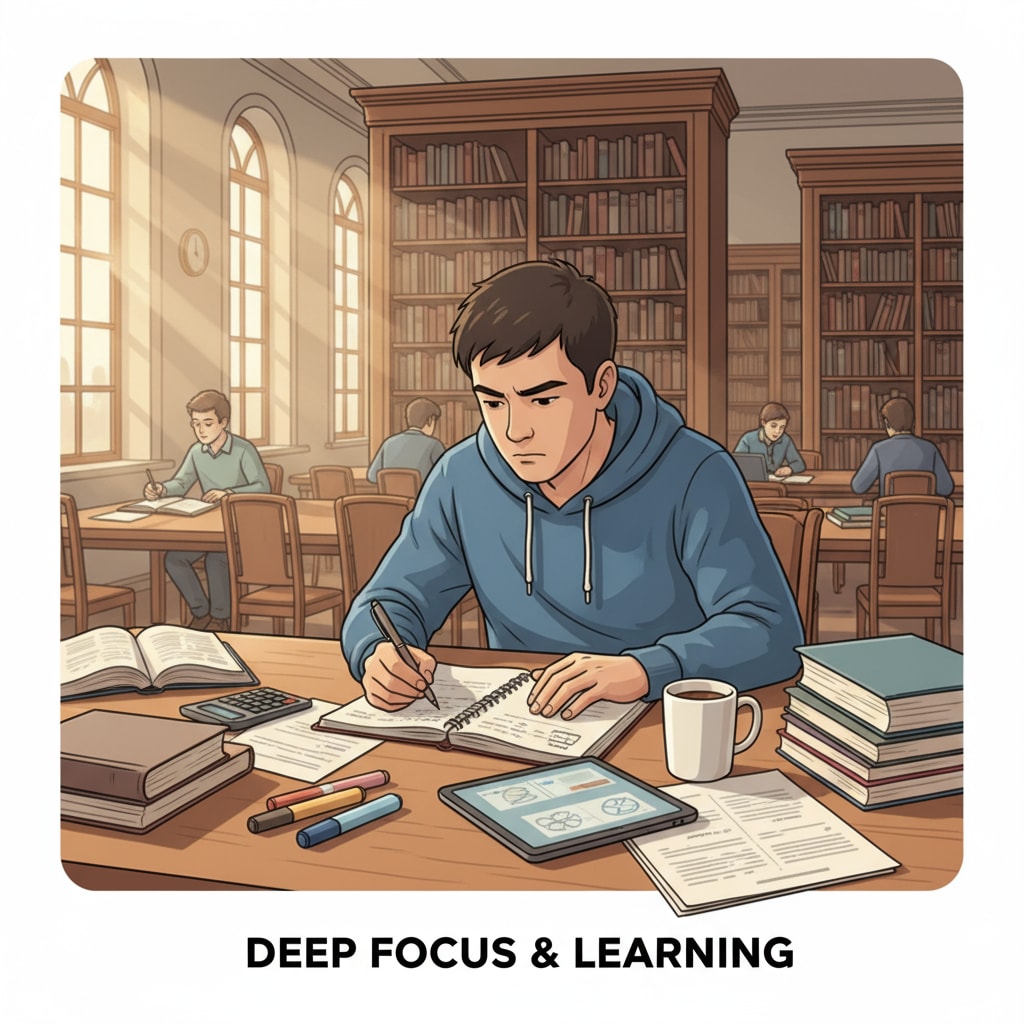 A university student, who may be a late entrant, focusing on studies to overcome time loss and age anxiety.