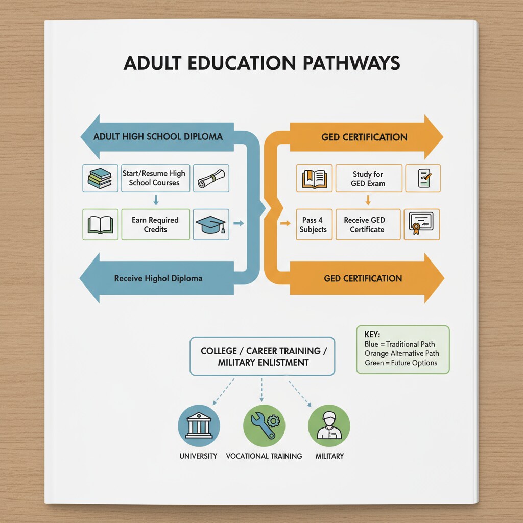 Illustration of adult education paths including high school diploma and GED for college application