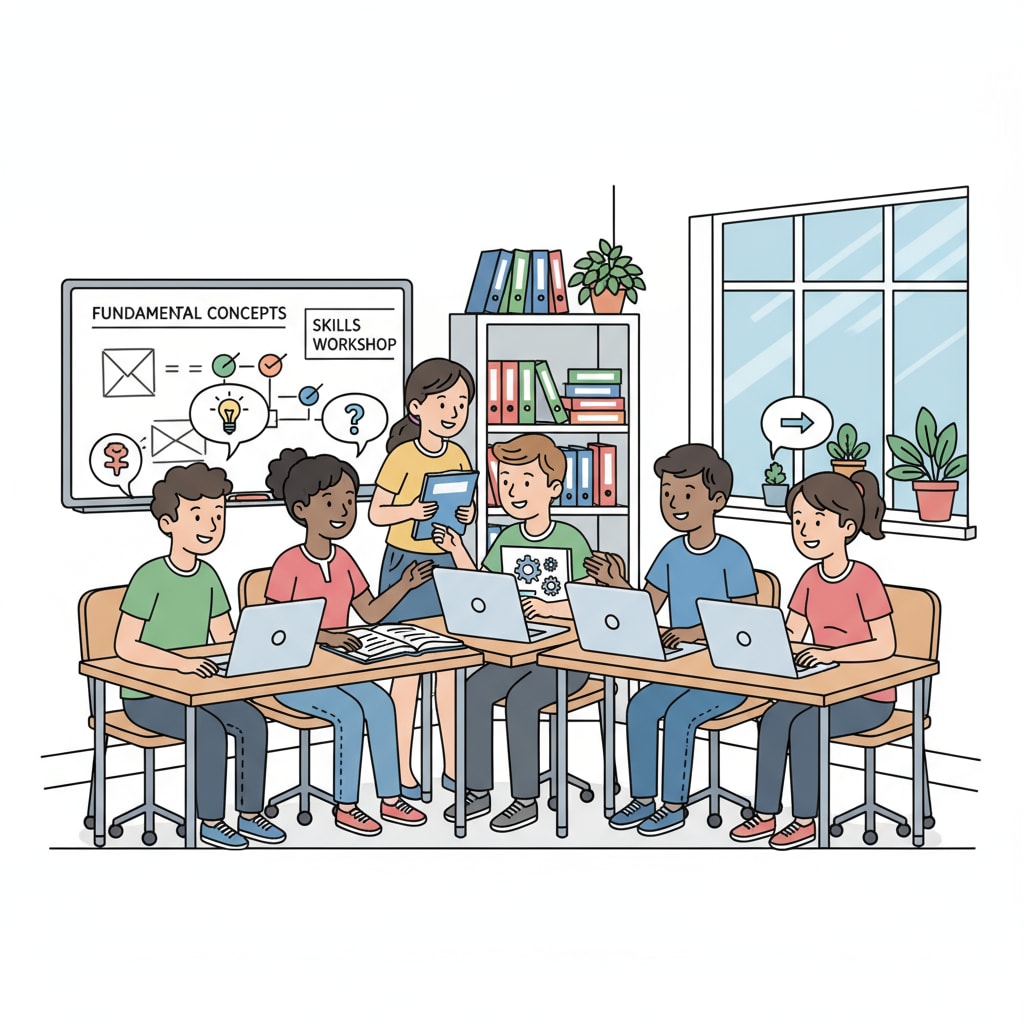 A classroom scene shows students actively discussing basic knowledge and skills, with books and laptops on their desks. Classroom scene of students discussing educational gap, basic knowledge, and school curriculum