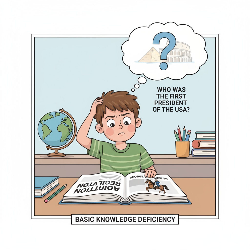 A student is shown with a puzzled expression while attempting to answer a basic history question, highlighting the issue of basic knowledge deficiency. Student's confused expression while dealing with educational gap, basic knowledge, and school curriculum related history question