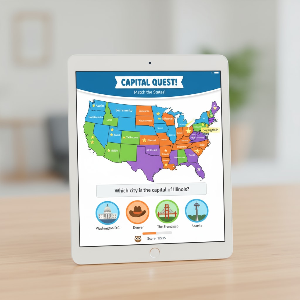 A screenshot of a popular US state capitals learning app showing a map with highlighted state capitals. The app interface is user-friendly and colorful, making it appealing to students. Screenshot of a US state capitals learning app for educational feedback and digital map exploration