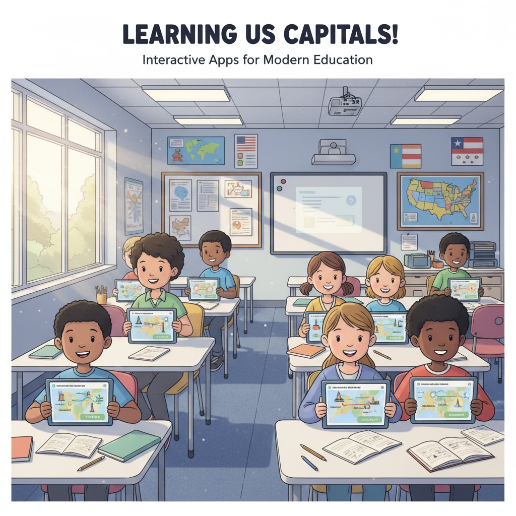 A group of students using tablets with US state capitals learning apps in a classroom. The students are engaged in interactive activities, demonstrating the integration of apps in education. Students using US state capitals learning apps in a classroom for educational feedback and digital map exploration