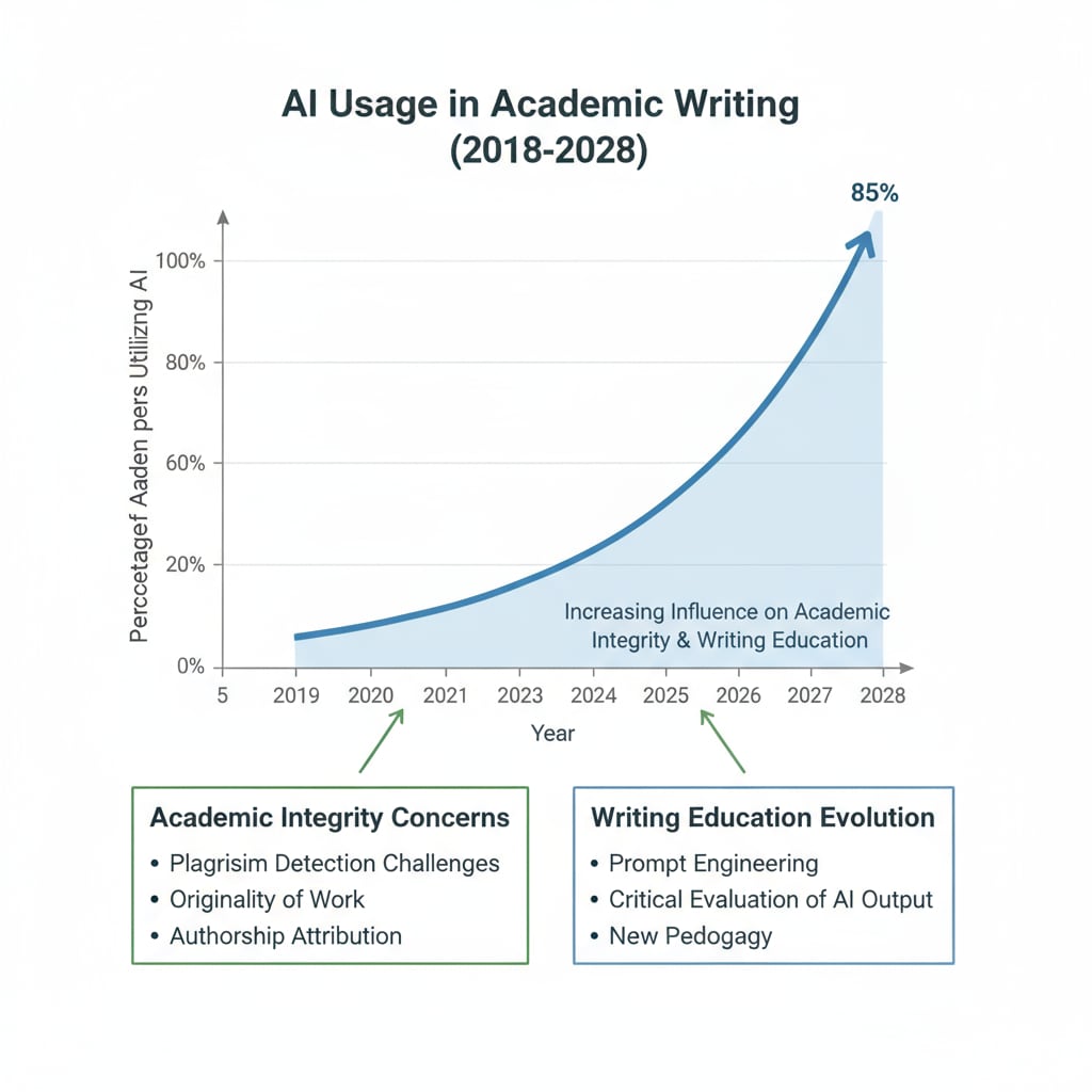 Graph showing the increasing use of AI in academic writing, related to academic integrity, writing education, and artificial intelligence.