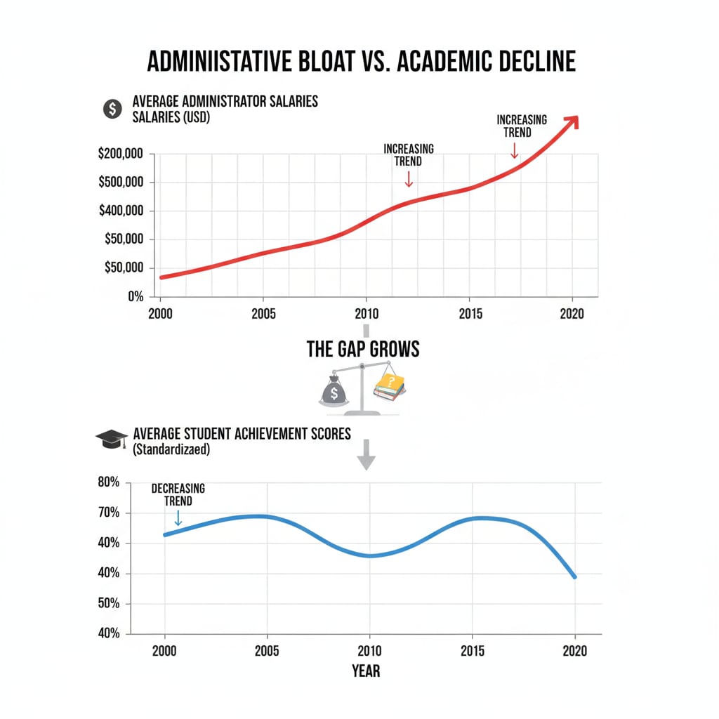 A visual representation of how administrative salaries have been increasing while student scores have been decreasing over a period of years. Graph showing the relationship between educational administration salary growth and student performance decline