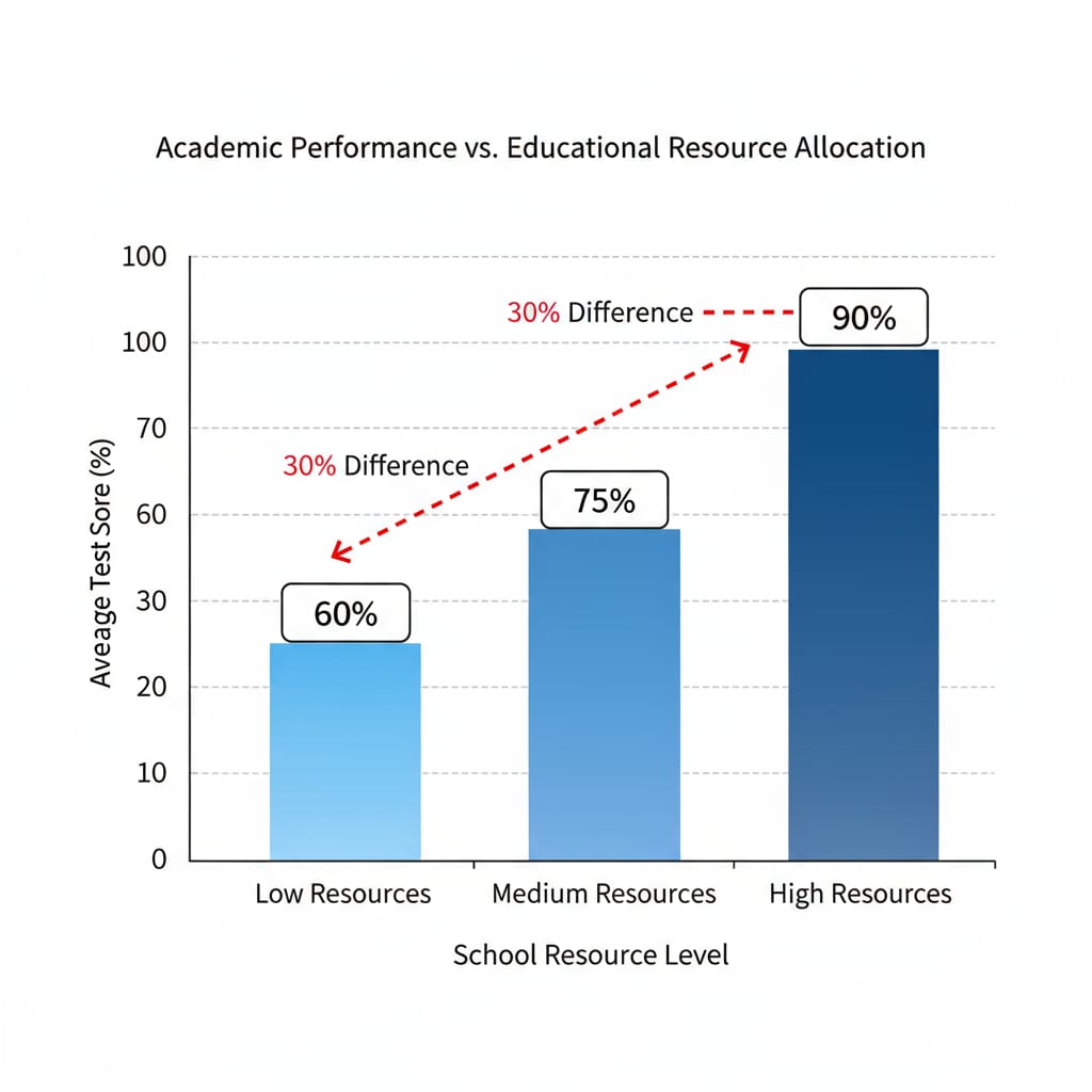 A bar chart comparing the academic performance of students in schools with different levels of educational resource allocation, highlighting the difference in scores. Bar chart comparing student performance based on educational resource allocation