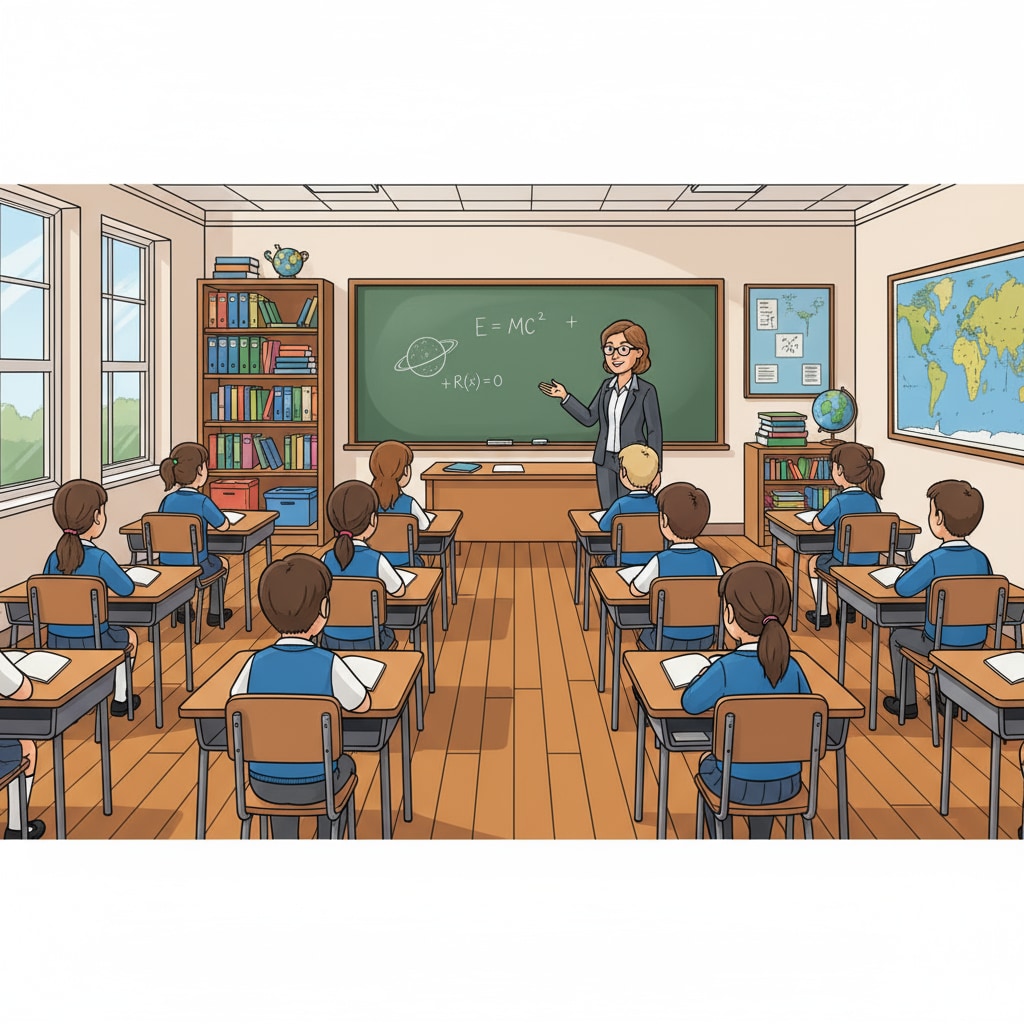 A traditional classroom setup with students sitting in rows, listening to the teacher at the blackboard, symbolizing the traditional teaching environment. Traditional classroom scene highlighting the need for educational innovation, curriculum reform, and teaching methods improvement