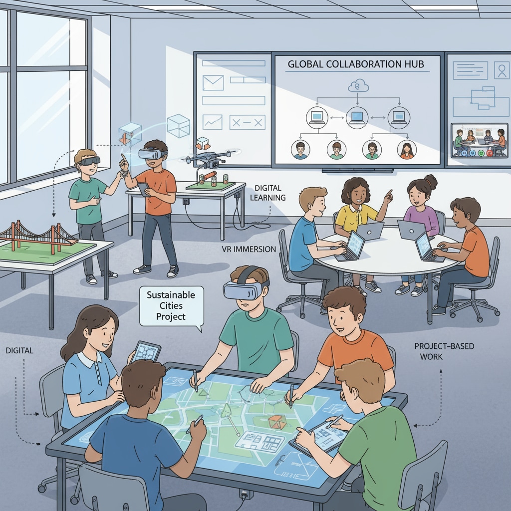 A modern classroom where students are using digital devices and collaborating on projects, representing the new learning environment. Modern classroom demonstrating innovative teaching methods and curriculum adaptation