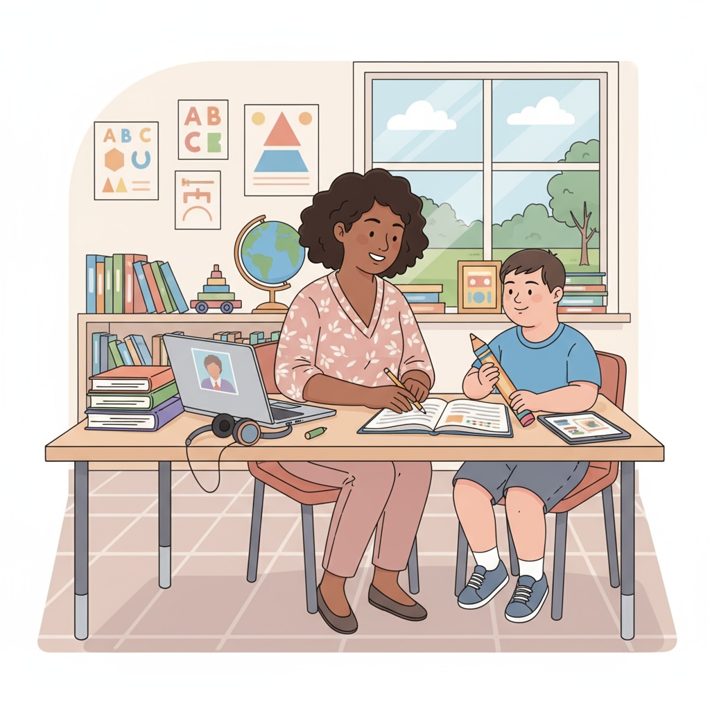 A special education teacher is working with a student in a classroom. There is a laptop on the table beside them, which can be associated with potential remote work opportunities. A special education teacher in a classroom with a laptop, representing part-time remote work options