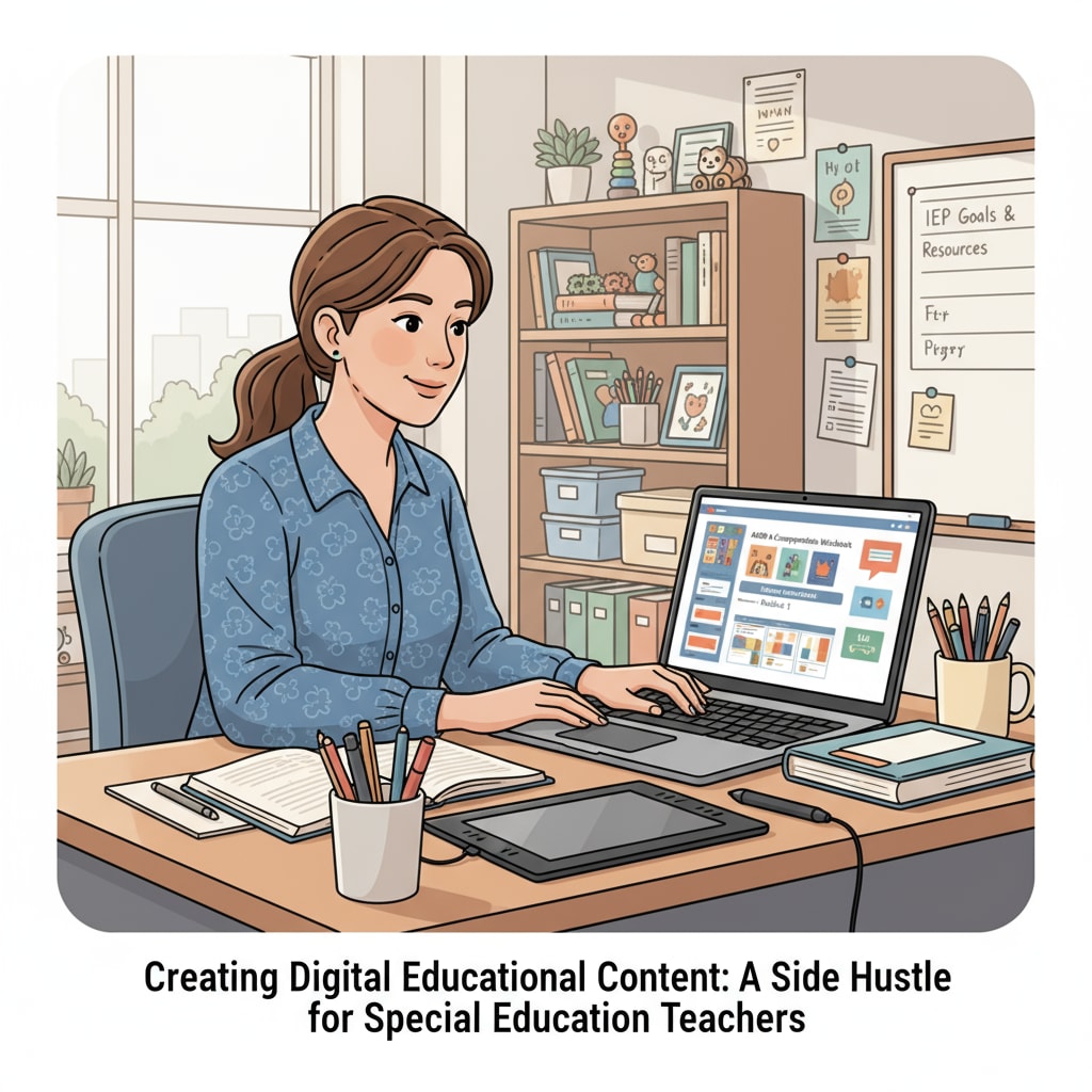 A special education teacher is sitting at a desk, focused on creating educational content on a computer. This showcases one of the side hustle options available to them. A special education teacher creating educational content on a computer, highlighting a potential side hustle