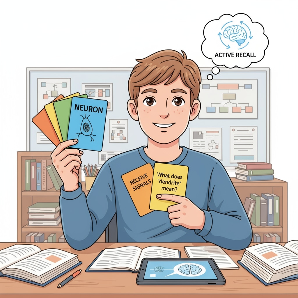 A student using colorful flashcards to practice active recall, an effective memory enhancement strategy Student practicing memory enhancement strategy of active recall using flashcards