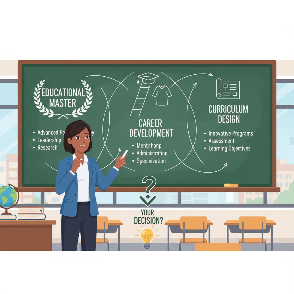 A teacher is standing in front of a blackboard with concepts of educational master, career development, and curriculum design written on it, representing the decision-making moment for educators. A teacher considering educational master direction with career development and curriculum design in mind