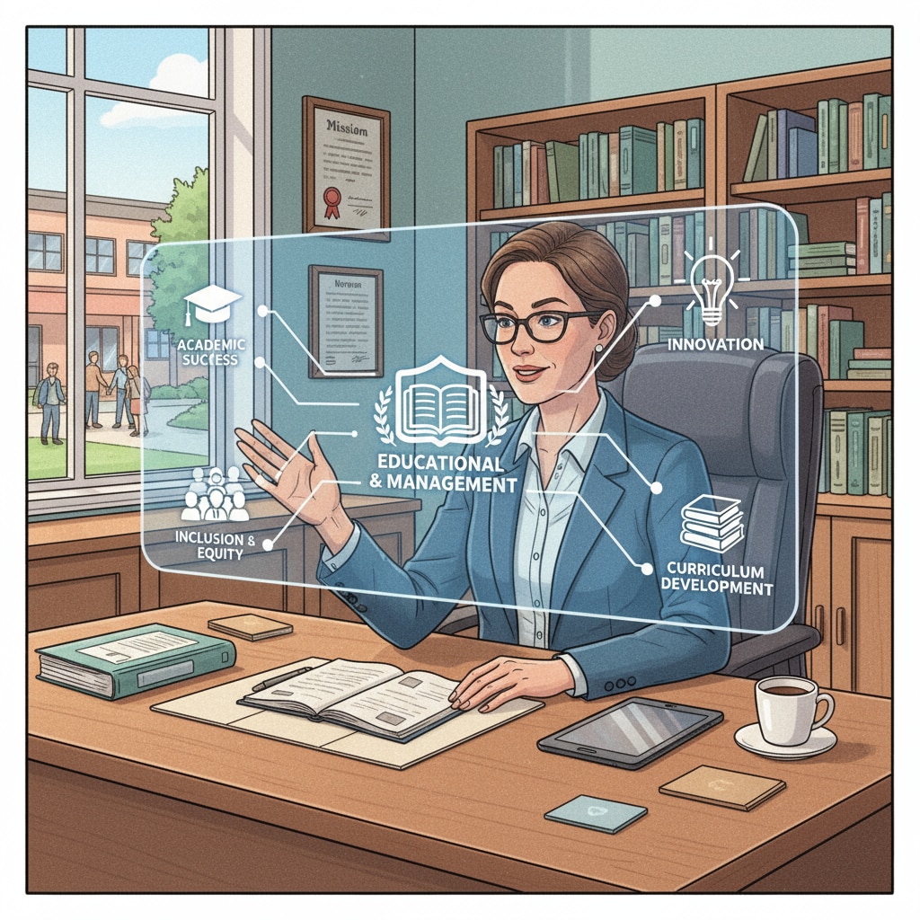 A school principal is shown in an office, making decisions related to educational leadership, highlighting the career path of educational leadership and management. A principal engaged in educational leadership decision-making